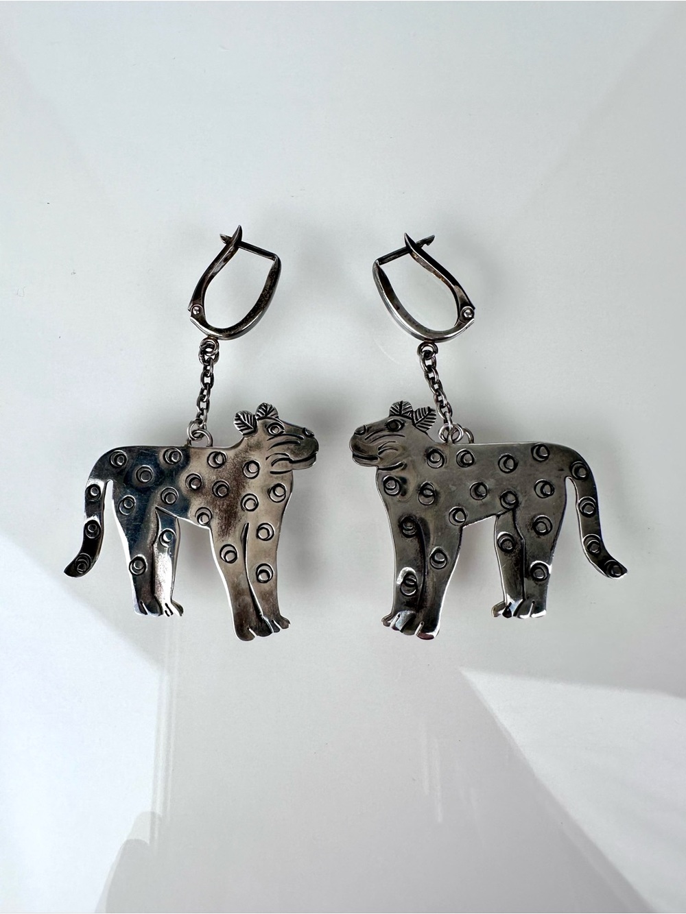 Rare WOODS 925 Sterling Silver Leopard Panther Statement Dangle Earrings